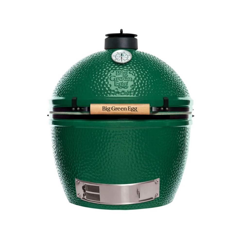 14b69cdf-e4fc-4188-981c-485fdb79e2c9.jpg Green ceramic grill with a textured surface, featuring a thermometer and wooden handle, designed for versatile cooking methods like grilling, smoking, and baking.