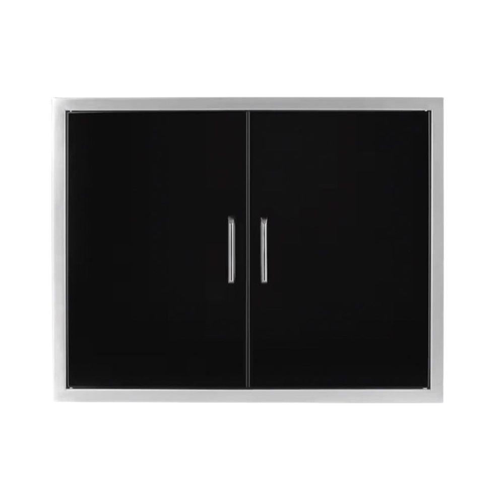 16076c0a-eb9c-4404-ad9d-59bbb0e18f01.jpg Modern black cabinet with sleek silver handles, featuring double doors and a minimalist design, ideal for storage and organization.