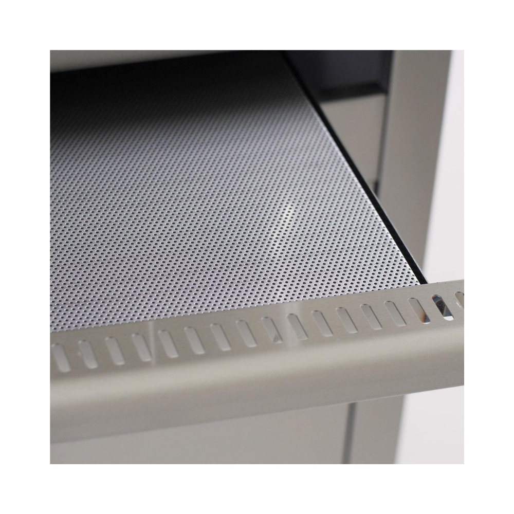 16fb45cb-6b28-4075-9c65-bde7ae38c9d0.jpg Close-up of a perforated metal shelf in a modern storage unit, showcasing its sleek design and functionality.