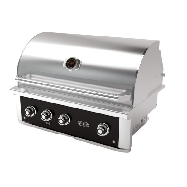 Stainless steel gas grill with a sleek design, featuring four control knobs and a temperature gauge on the lid. Ideal for outdoor cooking and barbecues.