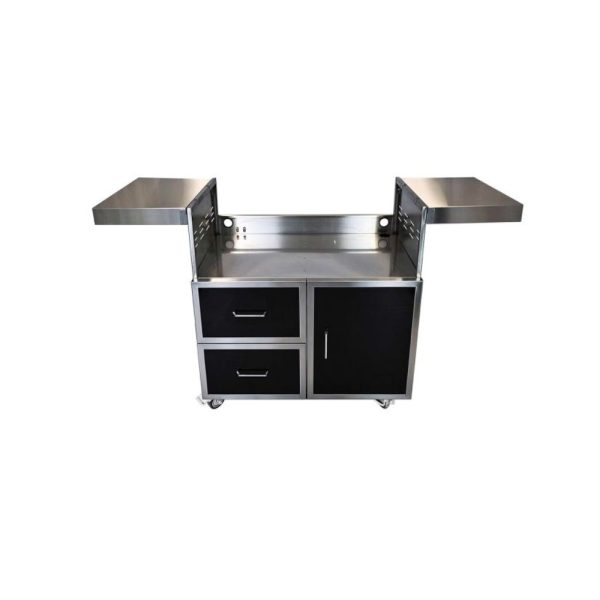 Stainless steel kitchen cart with two extendable side tables, two drawers, and a cabinet, designed for mobility on wheels.