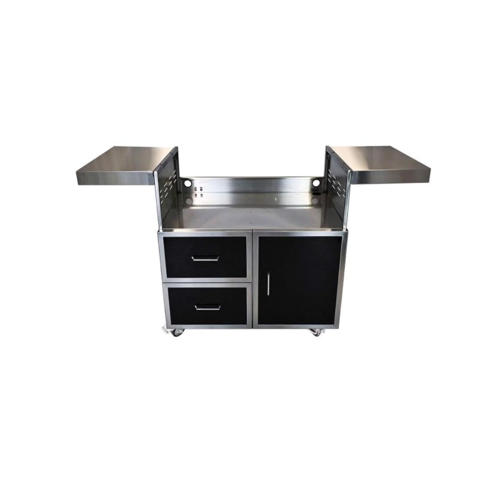 213344c7-14b8-4049-bdbb-ea5bdcd2a8a8.jpg Stainless steel kitchen cart with two extendable side tables, two drawers, and a cabinet, designed for mobility on wheels.