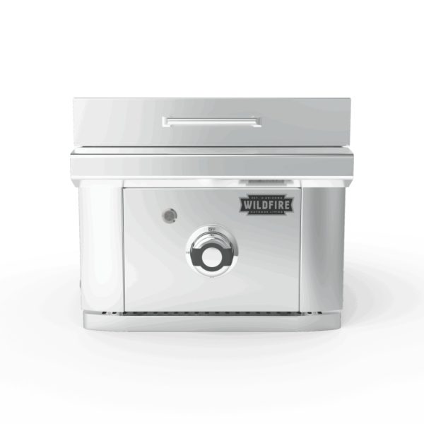 Stainless steel outdoor grill with a sleek design, featuring a control knob and the Wildfire logo, ideal for outdoor cooking.