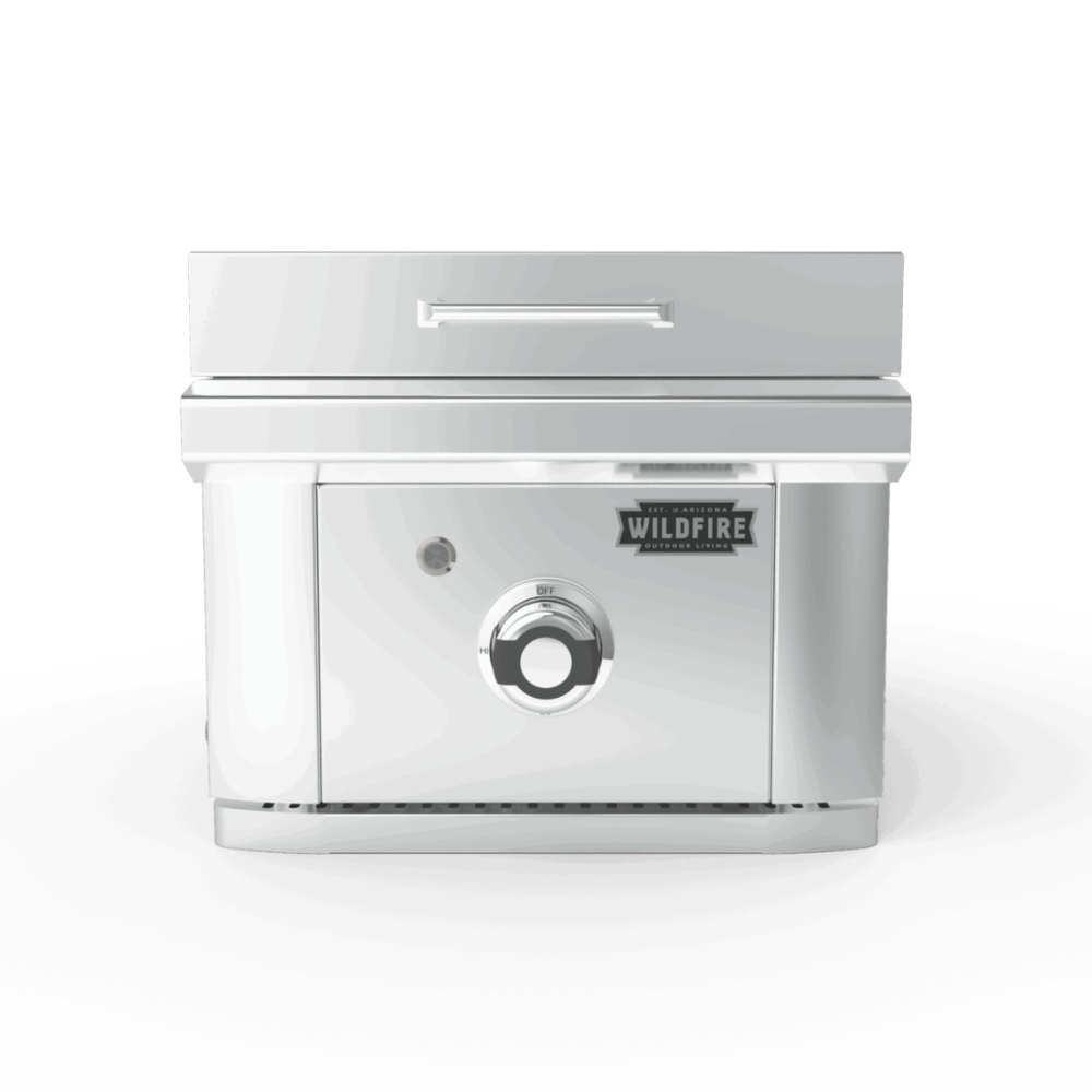 27876987-4966-4ba4-ab48-290756a1a6f6.jpg Stainless steel outdoor grill with a sleek design, featuring a control knob and the Wildfire logo, ideal for outdoor cooking.