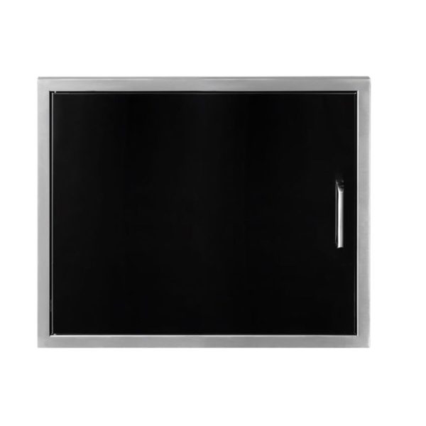 Stainless steel outdoor kitchen cabinet with a sleek black front and minimalist handle. Ideal for modern outdoor living spaces.
