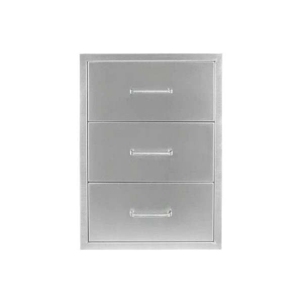 Three-drawer stainless steel cabinet with sleek handles, ideal for storage solutions.