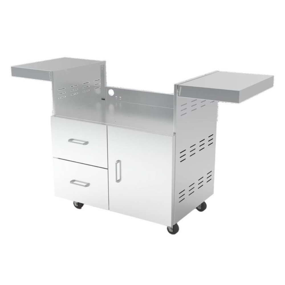 322c3a14-ff55-4cde-a8e9-ace11e67baca.jpg Stainless steel kitchen cart with two drawers, a cabinet, and expandable side shelves, designed for mobility with caster wheels.