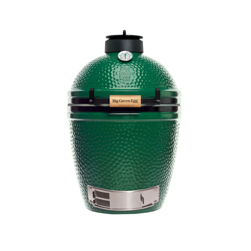 3e3871bf-f469-484b-8212-af48267622b6.jpg Big Green Egg ceramic grill with a distinctive green color, featuring a thermometer and wooden label, designed for versatile outdoor cooking.