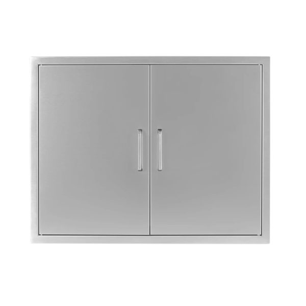 Stainless steel double door cabinet with sleek handles, ideal for storage in modern kitchens or outdoor spaces.