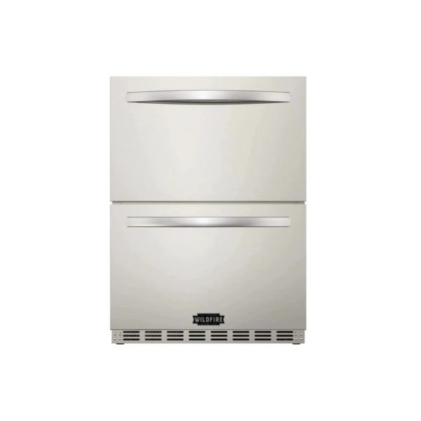Two-drawer refrigerator with a stainless steel finish and sleek handles, featuring the Wildfire brand logo.