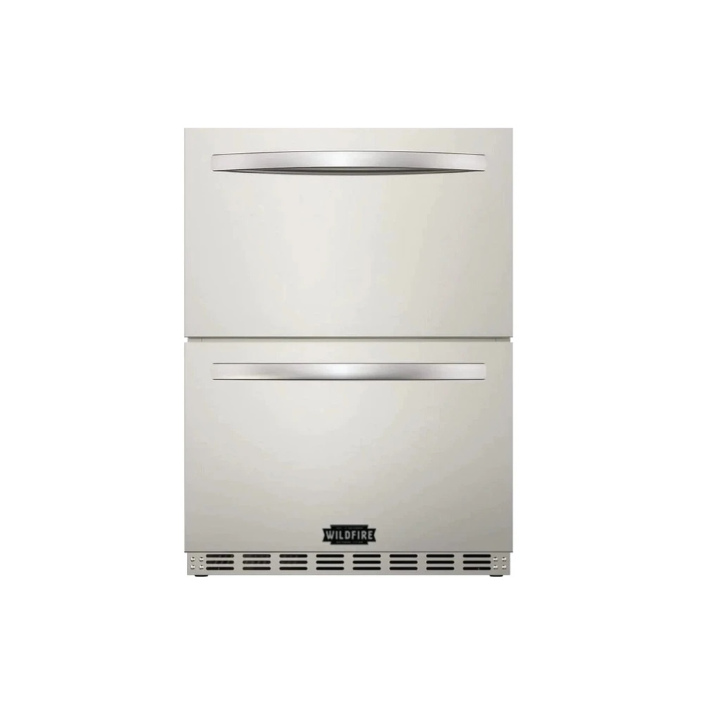 3f489928-c581-4849-a006-5125ff355767.jpg Two-drawer refrigerator with a stainless steel finish and sleek handles, featuring the Wildfire brand logo.