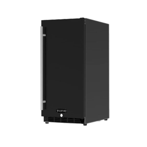 Black compact refrigerator with a stainless steel handle, suitable for small spaces and outdoor use.