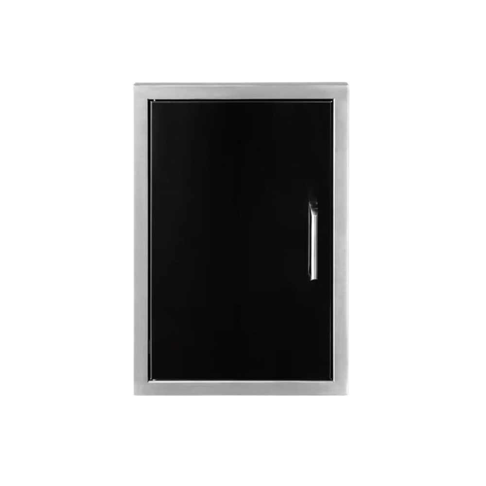 4a92761e-0ed1-41c8-92b2-6ae42dd4fa0c.jpg Black outdoor refrigerator with stainless steel frame and handle, designed for modern kitchens and patios.