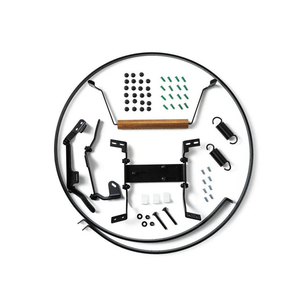Assorted automotive brake repair kit components including springs, brackets, and various fasteners arranged in a circular layout.