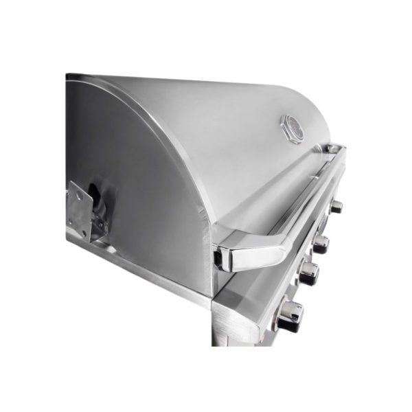Stainless steel gas grill with a curved lid and control knobs, showcasing a modern design for outdoor cooking.