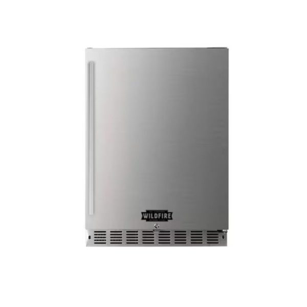 Stainless steel outdoor refrigerator with a sleek design, featuring the Wildfire logo and ventilation at the bottom.