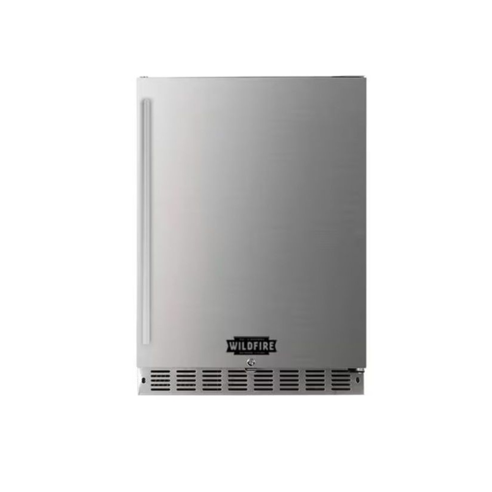 60457f80-38e9-4dbb-8e13-f54bc2cea652.jpg Stainless steel outdoor refrigerator with a sleek design, featuring the Wildfire logo and ventilation at the bottom.