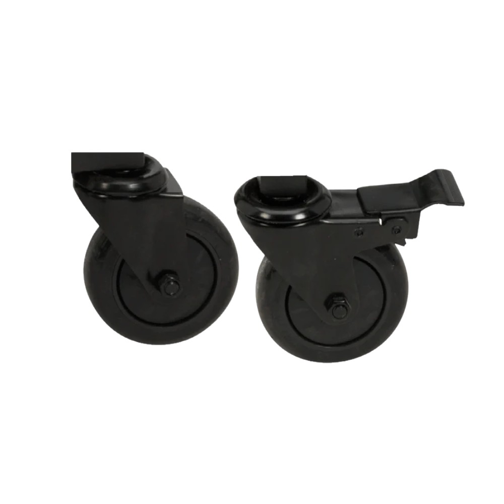 614e164b-5abc-4eaf-9197-2367fa1efe7e.jpg Black swivel caster wheels with locking mechanism, designed for furniture and equipment mobility.