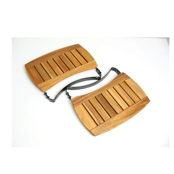 Wooden serving tray with slatted design and metal handles, ideal for entertaining and serving food.