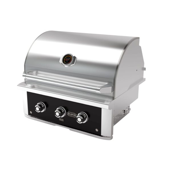 Stainless steel gas grill with three control knobs and a built-in thermometer, designed for outdoor cooking and barbecuing.