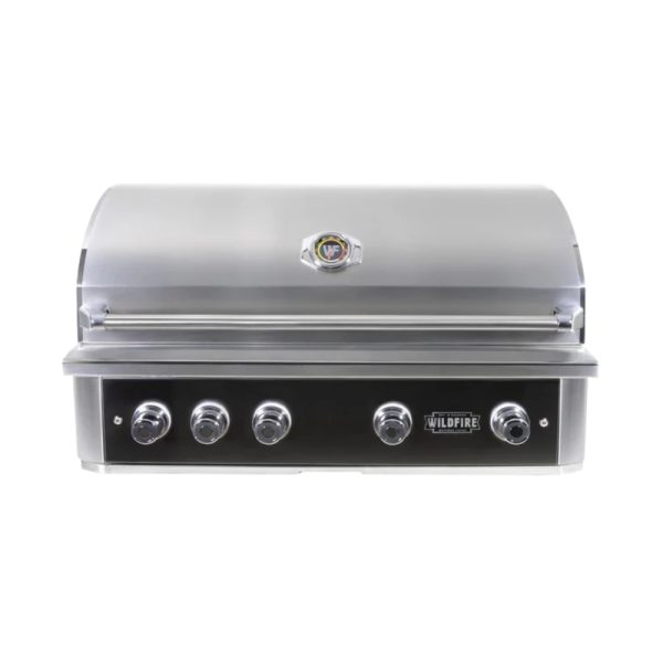 Stainless steel outdoor gas grill with four control knobs and a sleek design, featuring a closed lid and a prominent logo.