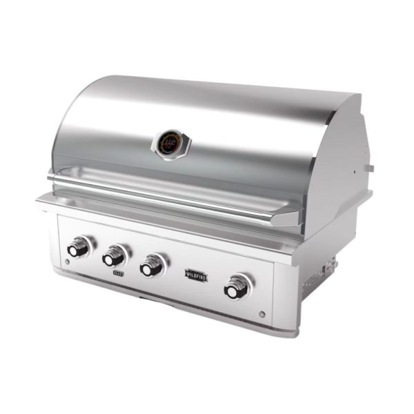 Stainless steel gas grill with four control knobs and a temperature gauge, designed for outdoor cooking.