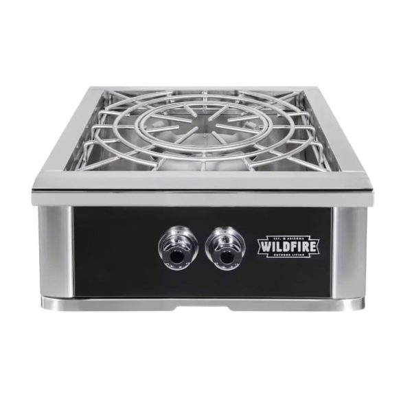 Stainless steel outdoor gas burner with two control knobs and a protective grate on top.