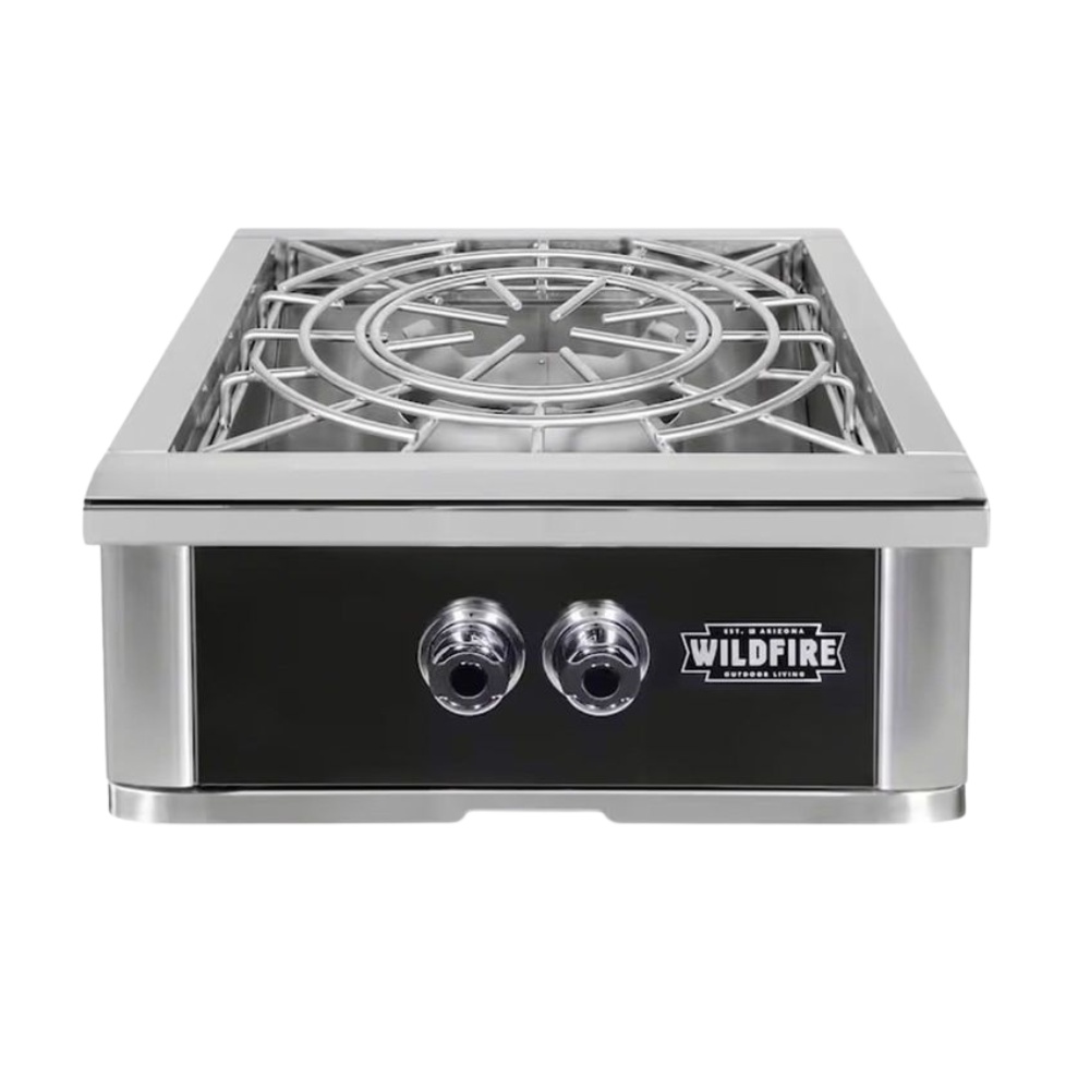 6df84624-f0fc-4352-b097-658299e4bf09.jpg Stainless steel outdoor gas burner with two control knobs and a protective grate on top.
