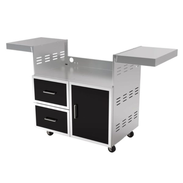 Metal utility cart with two pull-out drawers, a cabinet, and extendable side shelves, designed for versatile storage and organization on wheels.
