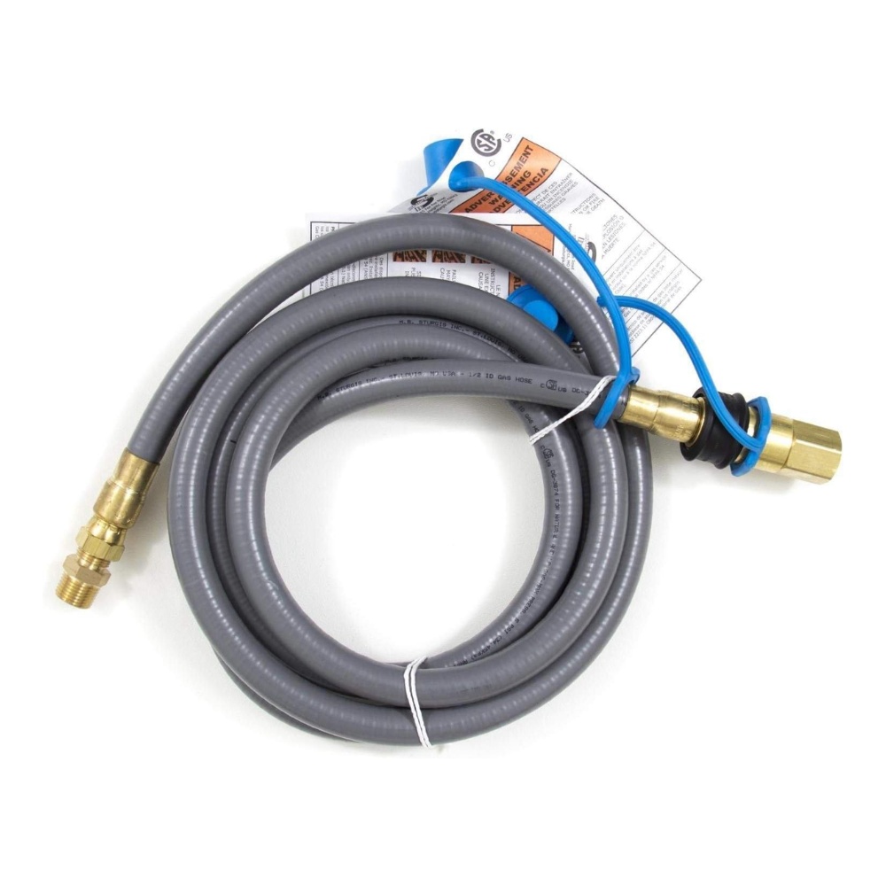 79dc79be-aa65-4b57-a72a-bc65b83dbfbd.jpg Gray gas hose with brass fittings, designed for connecting appliances, featuring a safety tag and durable construction.