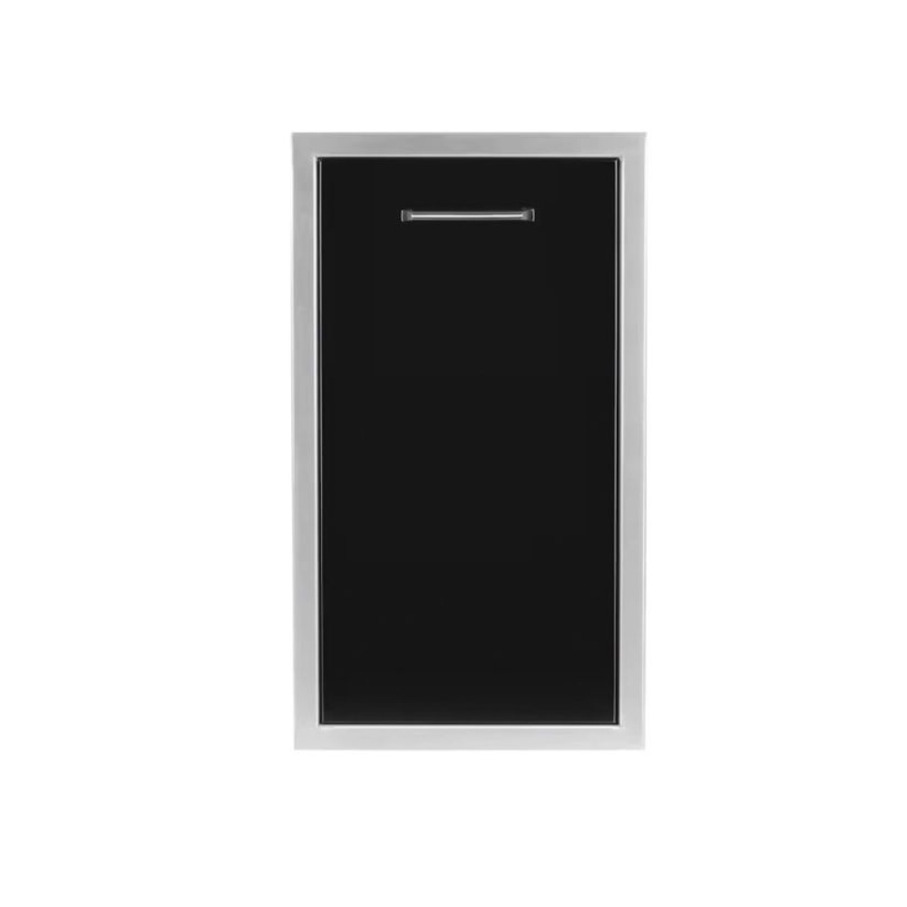 Black refrigerator with a stainless steel frame and a sleek handle, designed for modern kitchens.