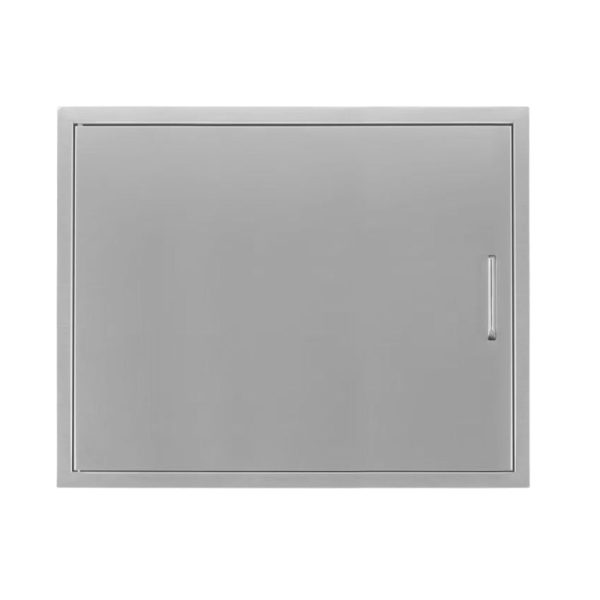 Stainless steel outdoor kitchen access door with a sleek design and a side handle.