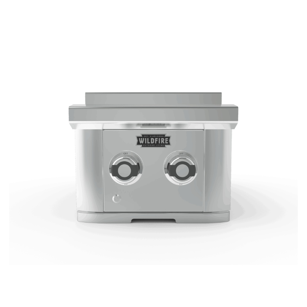 82525a63-bf54-4f2f-9214-92dffa4b63f1.jpg Stainless steel outdoor grill with two control knobs and a sleek design, featuring the Wildfire logo.