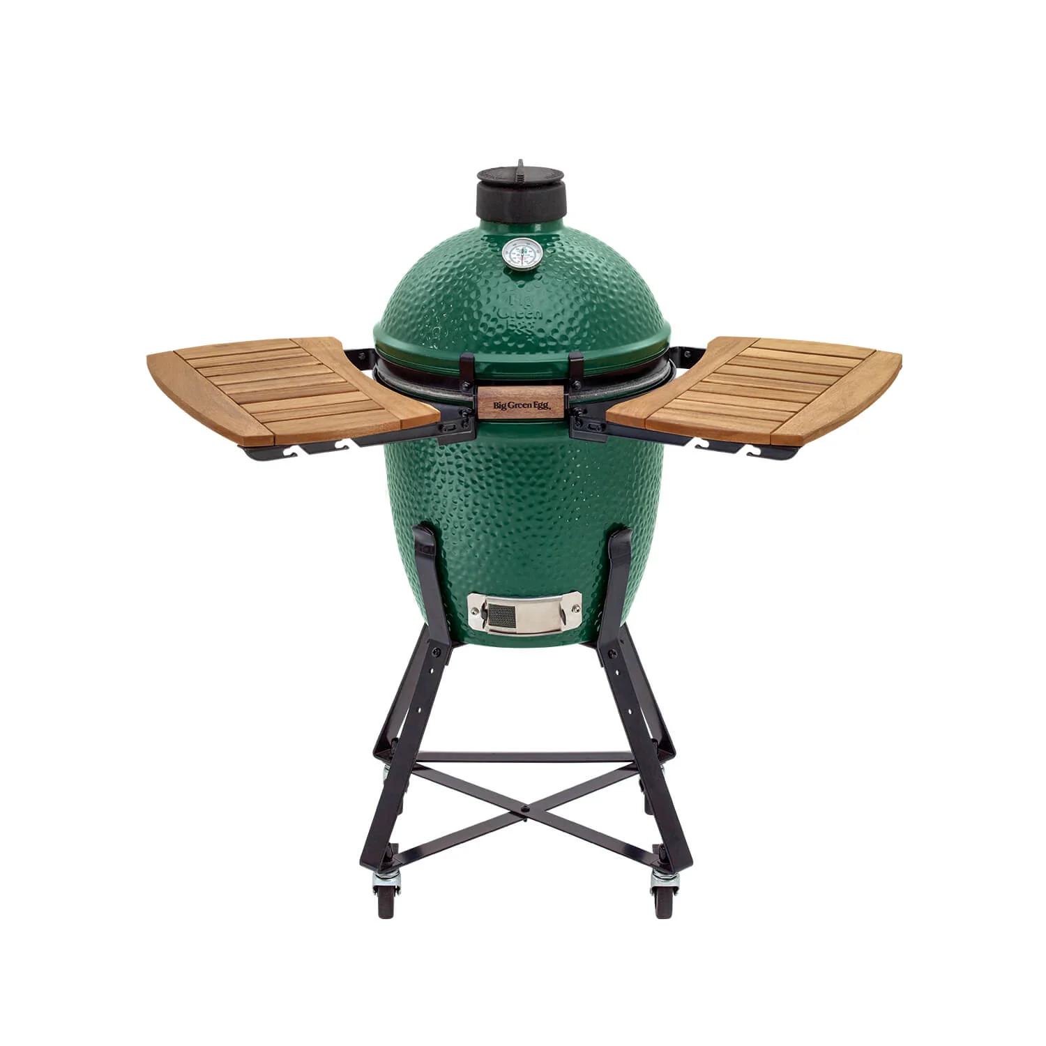 87d1a6ac-cf1c-47c1-a4d9-c9d893c9bd2b.webp Green ceramic grill with wooden side shelves and a built-in thermometer, designed for outdoor cooking and smoking.