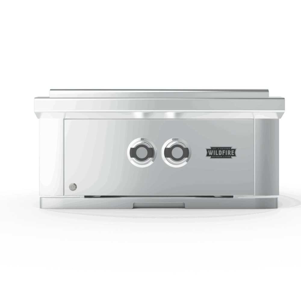 88a316e7-cca6-476d-9ad1-3559dc1083fd.jpg Stainless steel outdoor grill with two control knobs and the Wildfire logo, designed for high-performance cooking.