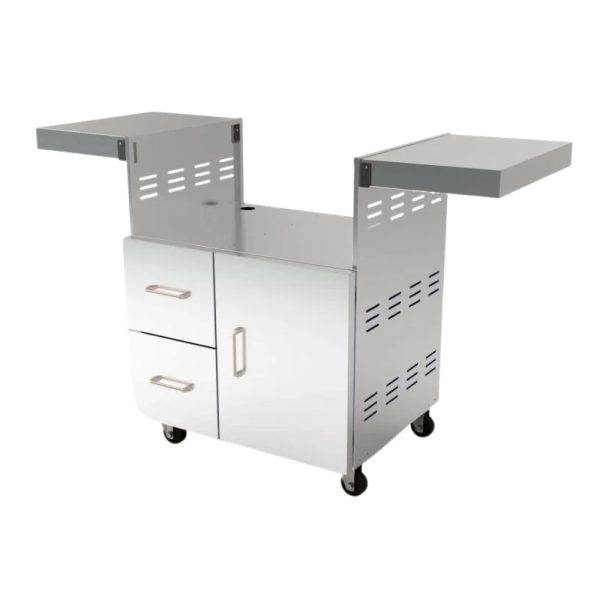 Stainless steel kitchen cart with two foldable side tables, two drawers, and a cabinet on wheels for easy mobility and storage.