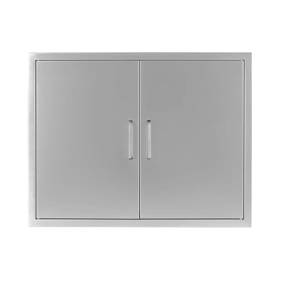 8e1285d8-3ede-47d5-8176-d51146a6c553.jpg Stainless steel outdoor kitchen cabinet with double doors and sleek handles.