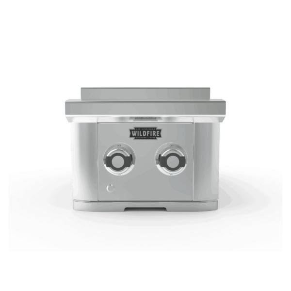 Stainless steel outdoor grill with two control knobs and a sleek design, featuring the Wildfire logo prominently displayed.