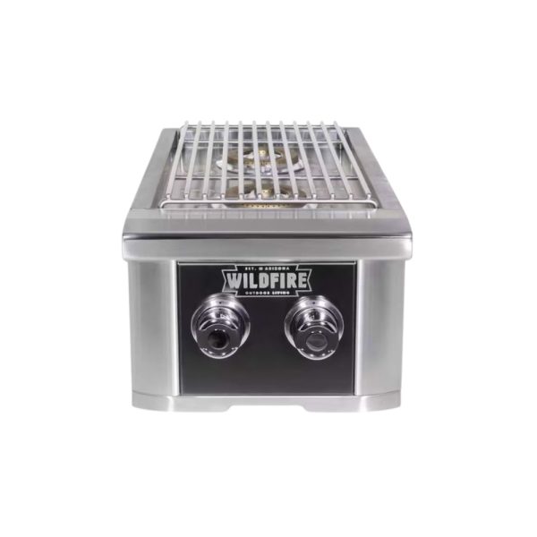 Stainless steel outdoor gas grill with two control knobs and a cooking grate, featuring the Wildfire logo.