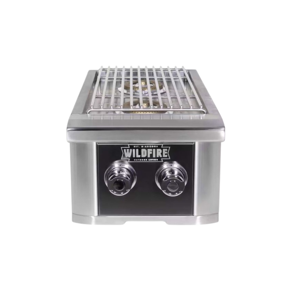 92b75e3e-3c6b-4c6e-a009-fe1dafae0ad6.jpg Stainless steel outdoor gas grill with two control knobs and a cooking grate, featuring the Wildfire logo.