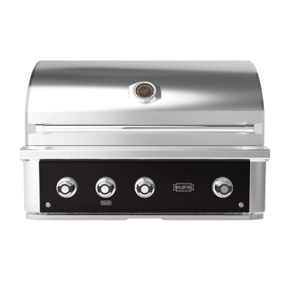 Stainless steel outdoor gas grill with four control knobs and a temperature gauge on the lid, designed for efficient grilling.
