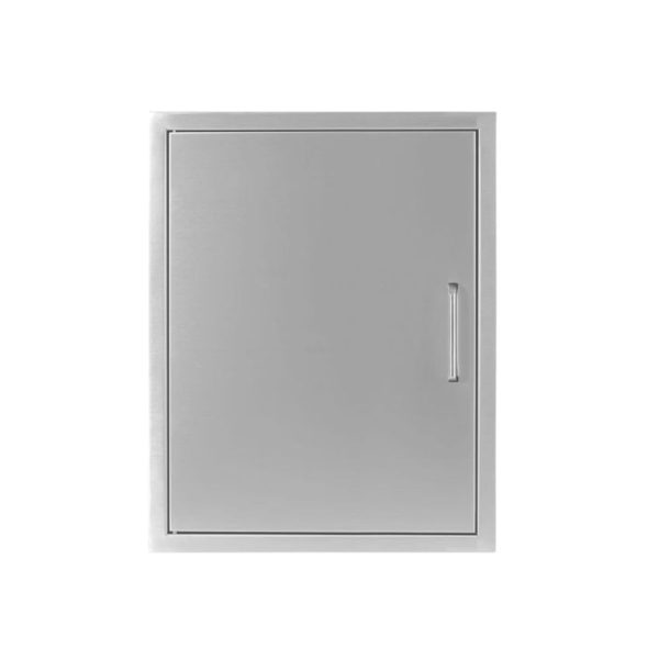 Stainless steel outdoor access door with a sleek handle, designed for durability and easy access to outdoor spaces.