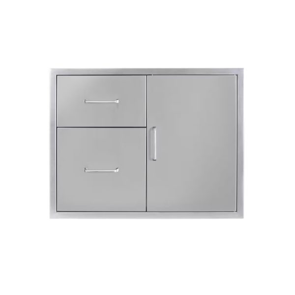Modern stainless steel cabinet with two drawers and a single door, ideal for kitchen or utility storage.
