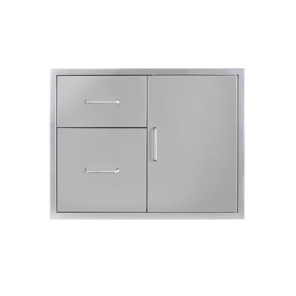 99ed5592-386a-400d-a80b-71221d3d4521.jpg Modern stainless steel cabinet with two drawers and a single door, ideal for kitchen or utility storage.