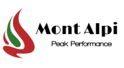 Logo of Mont Alpi featuring a stylized flame design in red, green, and black, with the text "Mont Alpi" and the tagline "Peak Performance."