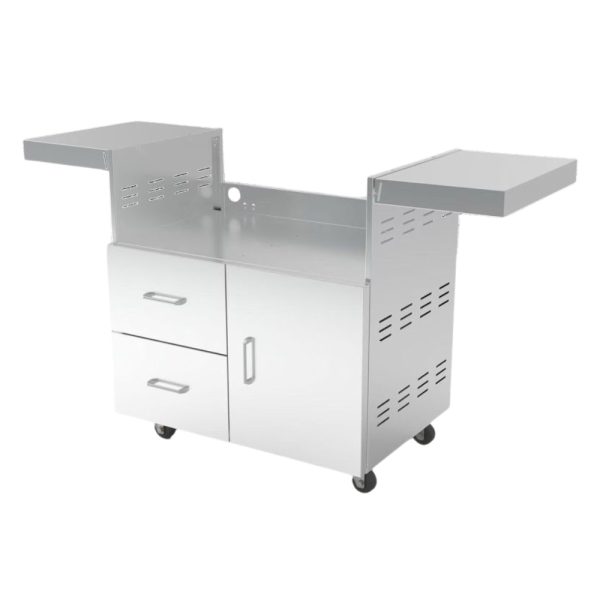 Mobile kitchen cart with two side shelves, two drawers, and a cabinet, designed for efficient storage and workspace organization.