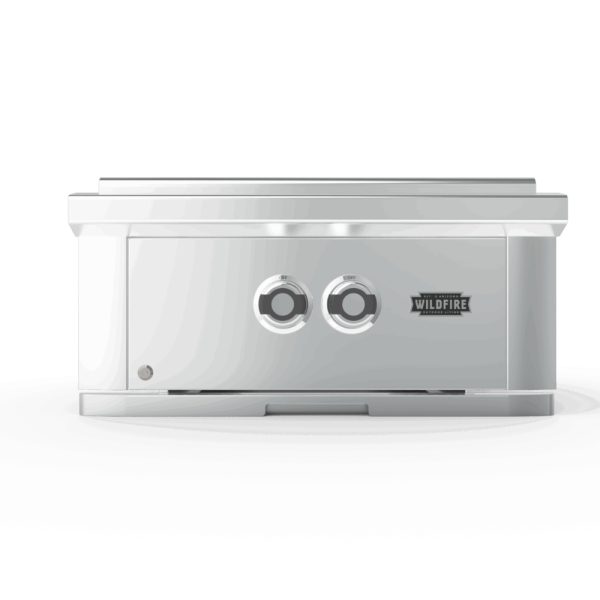 Stainless steel outdoor grill with two control knobs and a sleek design, featuring the Wildfire brand logo.