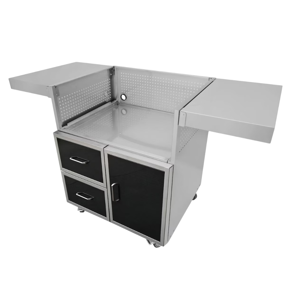 ae1a25c1-0467-498b-966a-14ca839863ea.jpg Stainless steel kitchen cart with two drawers and a cabinet, featuring extendable side shelves and a perforated back for storage versatility.