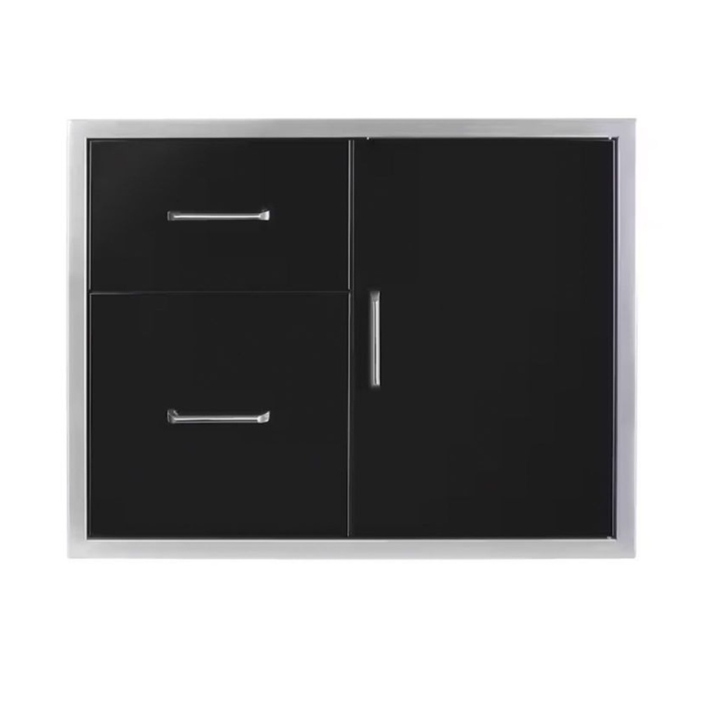b4fac623-7381-46e5-a610-5312ac0b5f98.jpg Modern black cabinet with two drawers and a sliding door, featuring sleek silver handles and a minimalist design.