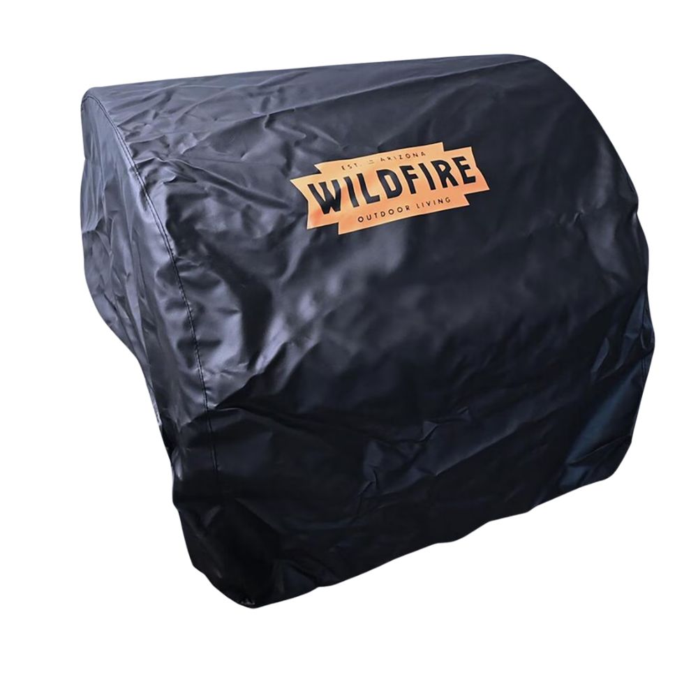 b7a1e478-a785-4e67-bbaf-9fc9443a16c1.jpg Black outdoor grill cover with Wildfire logo, designed for protection against weather elements.